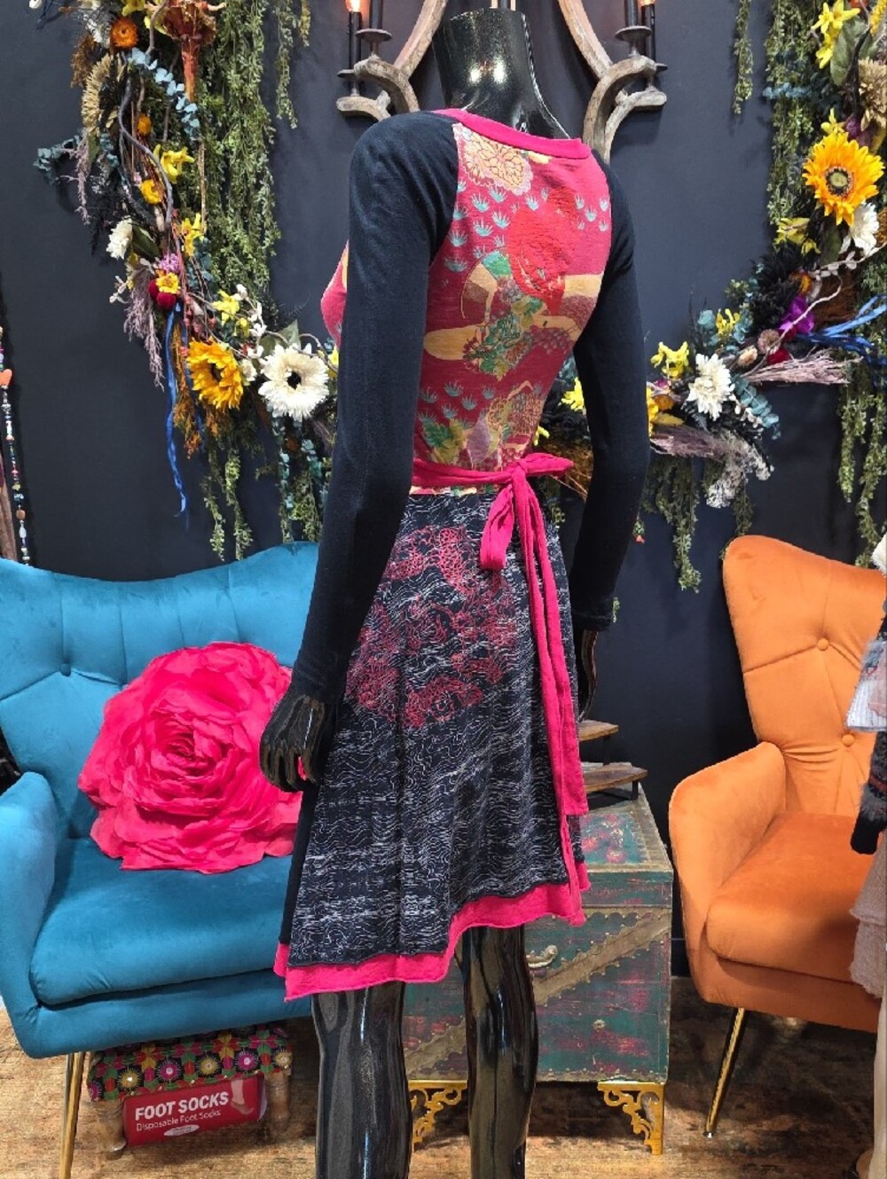 Desigual Black and Red Long-Sleeve Fit & Flare Dress with Multicolor Bodice - Picture 7 of 12